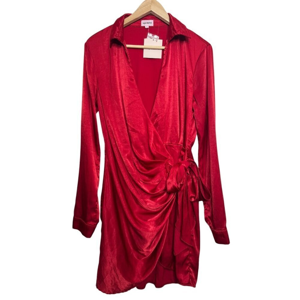 NWT Superdown Red Satin Wrap Dress Size L – Long Sleeve Mini Party Dress with Ti